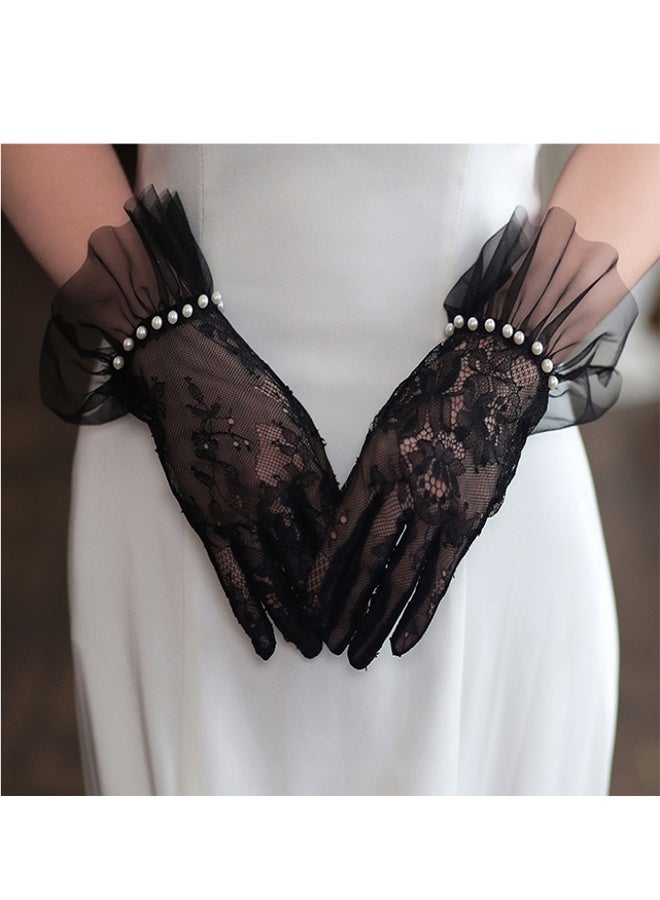 Women's Lace Gloves - Elegant Short Lace Net Gloves for Bridal Wear - Sheer Delicate Lace Pearl Gloves for Weddings, Formal Events, Tea Parties, Opera, for Bridal Gowns （back） - Image 2